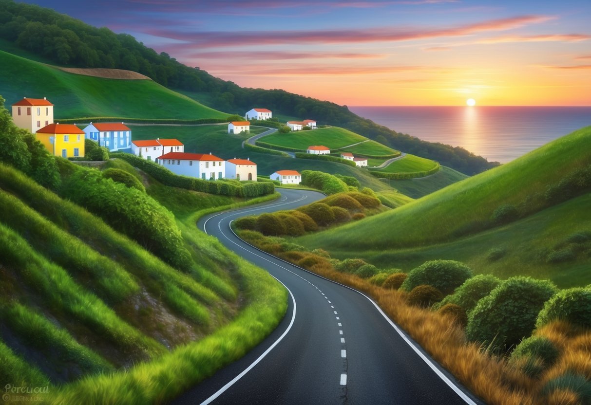 A narrow road winds through lush green hills in Portugal, with colorful houses dotting the landscape and the sun setting in the distance