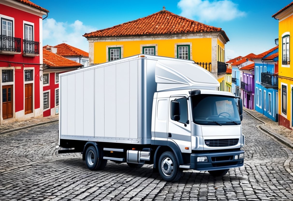 A moving truck parked in front of a traditional Portuguese house with cobblestone streets and colorful buildings in the background