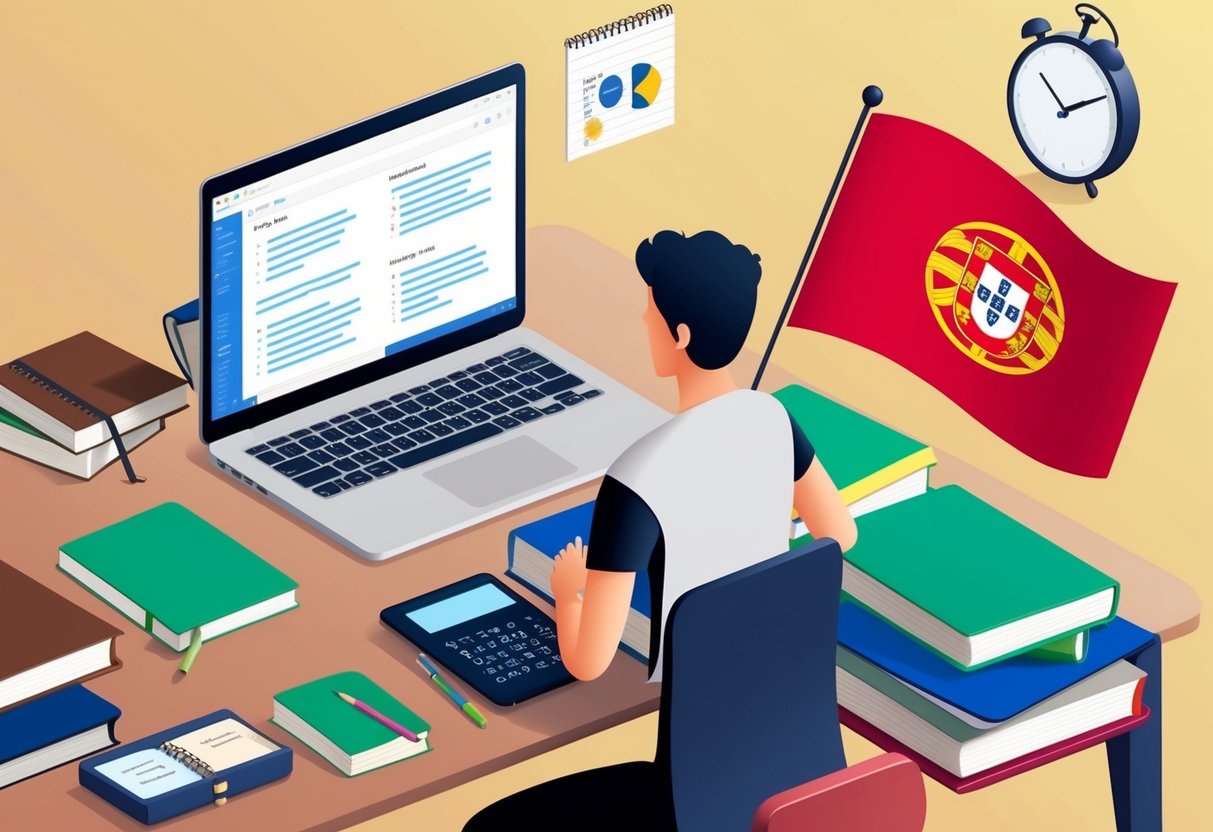 A person studying Portuguese with books, notebooks, and a laptop on a desk. A Portuguese flag and language learning materials are scattered around