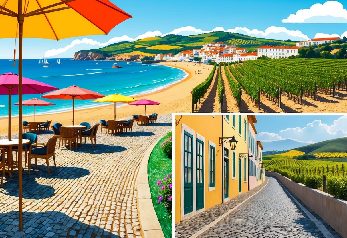 A sunny beach with colorful umbrellas, a charming cobblestone street lined with cafes, and a scenic vineyard overlooking rolling hills in Portugal