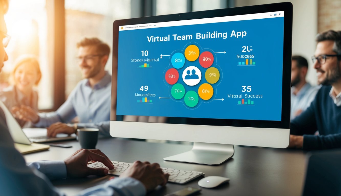 A virtual team building app displays various success metrics and analytics on a computer screen