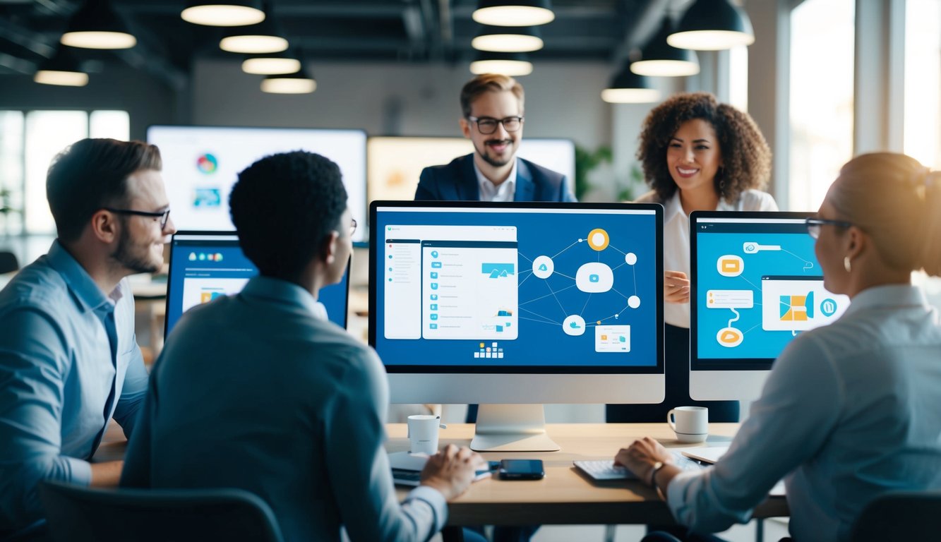 A virtual team collaborating on a project, with various digital tools and communication platforms visible on computer screens