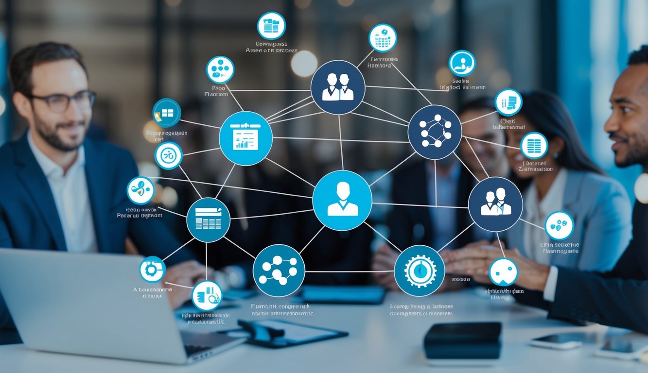 A virtual team building initiative: a network of interconnected nodes representing various success metrics and analytics, with lines connecting them to show their relationships