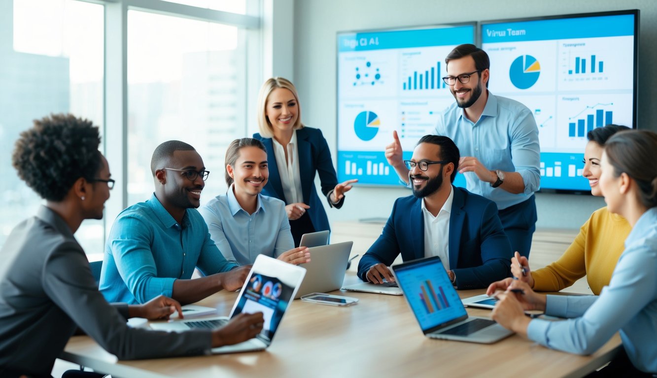 A group of virtual team members engaging in team-building activities, with data charts and graphs displayed in the background