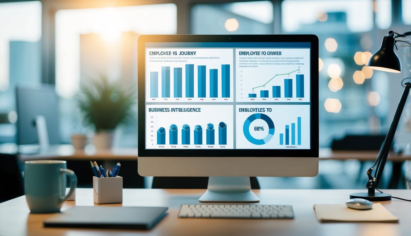 A desk with a computer, charts, and graphs. A person's journey from employee to owner depicted through business intelligence skills