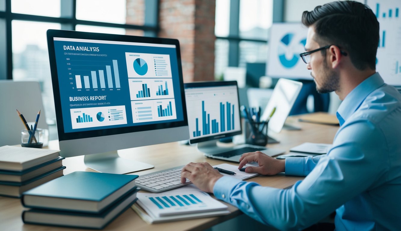 A person working at a desk, surrounded by books, charts, and graphs. A computer screen displays data analysis and business reports