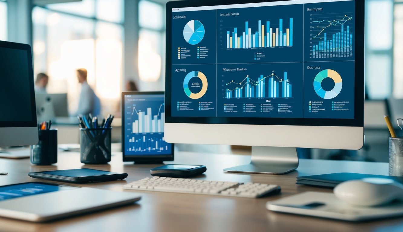 A computer screen displaying various data analytics charts and graphs, surrounded by technological devices and office supplies