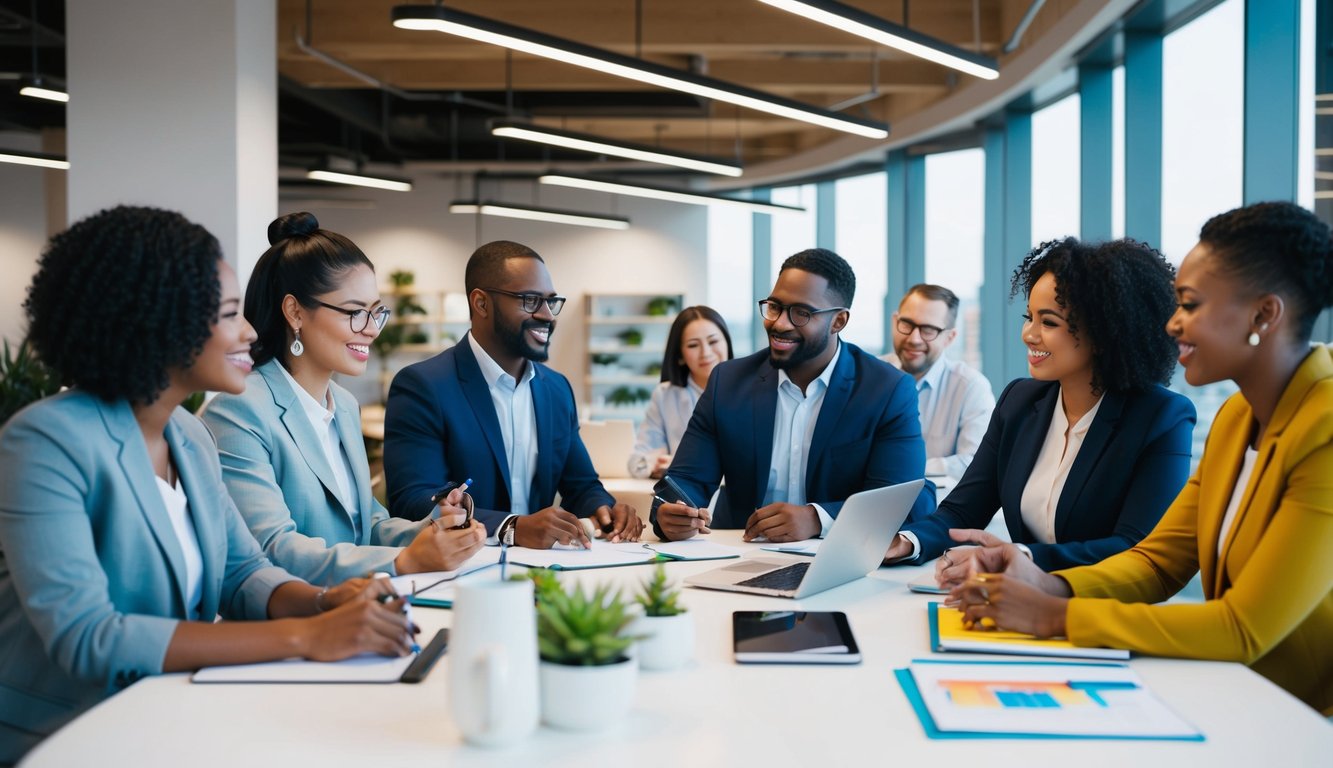 A group of diverse professionals engage in collaborative discussions and skill-building activities in a modern, open-concept office space