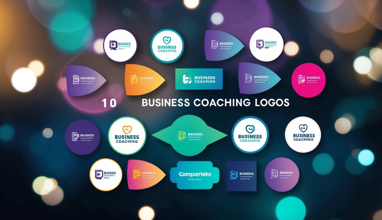 A group of 10 vibrant, futuristic-looking business coaching logos arranged in a dynamic and eye-catching composition