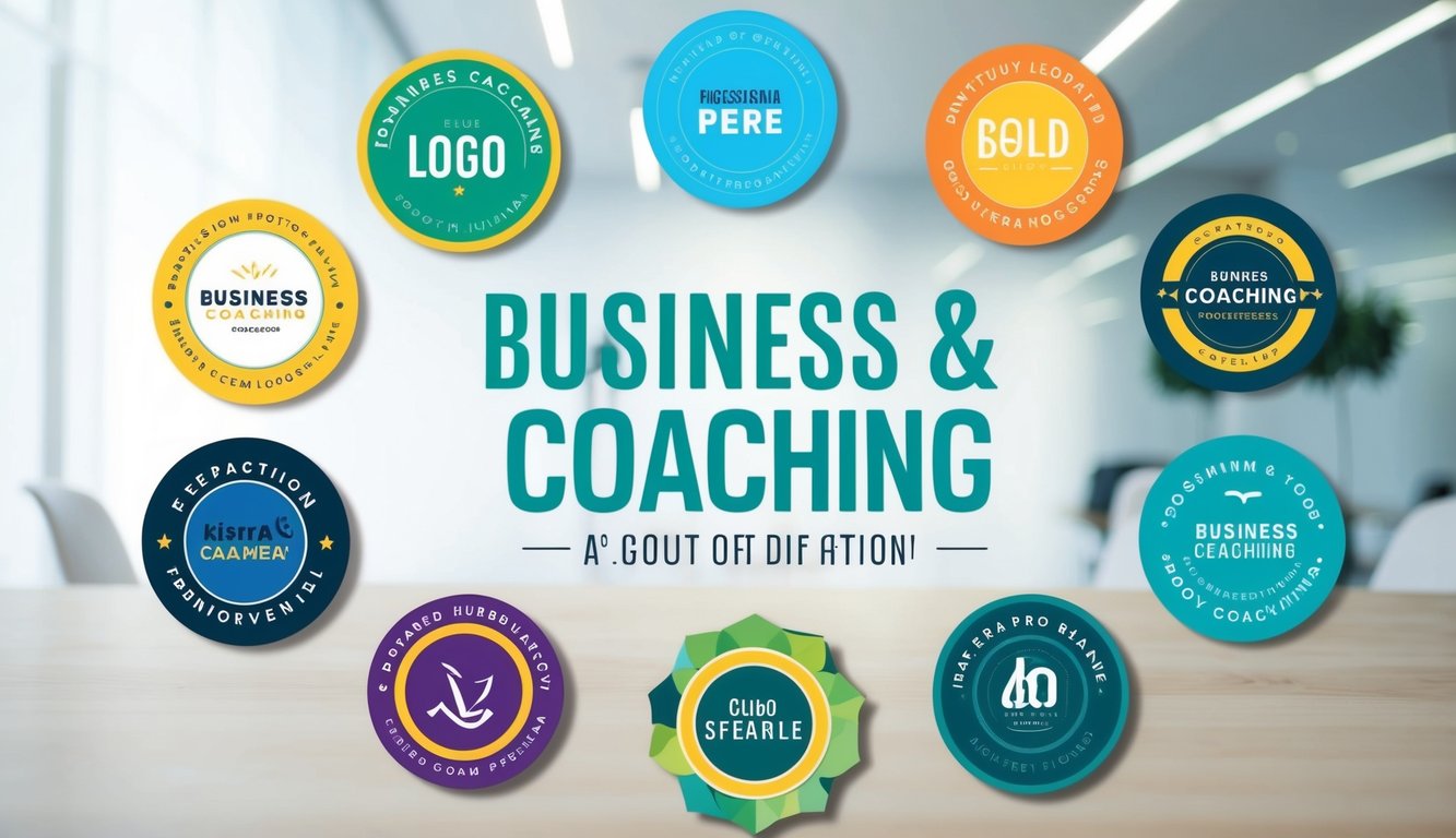 A group of ten vibrant and diverse business coaching logos arranged in a circular pattern, with bold and modern typography, set against a clean and professional background