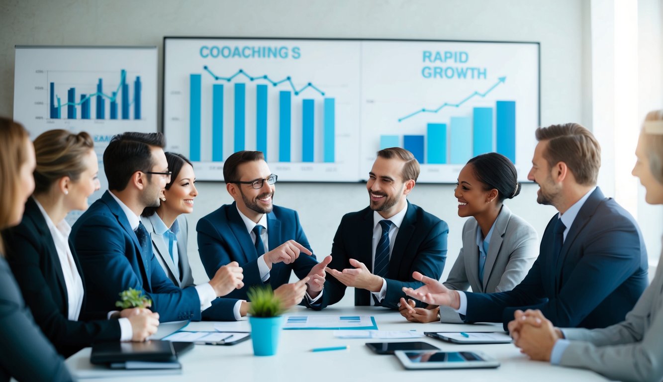 A group of business professionals engage in a dynamic coaching session, exchanging ideas and insights, surrounded by charts and graphs indicating rapid growth