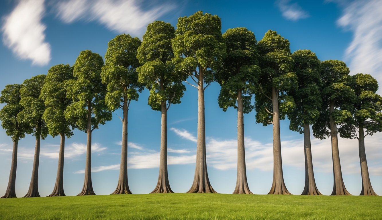 A group of ten towering trees, each representing a different business coaching program, reaching towards the sky with strong, upward growth