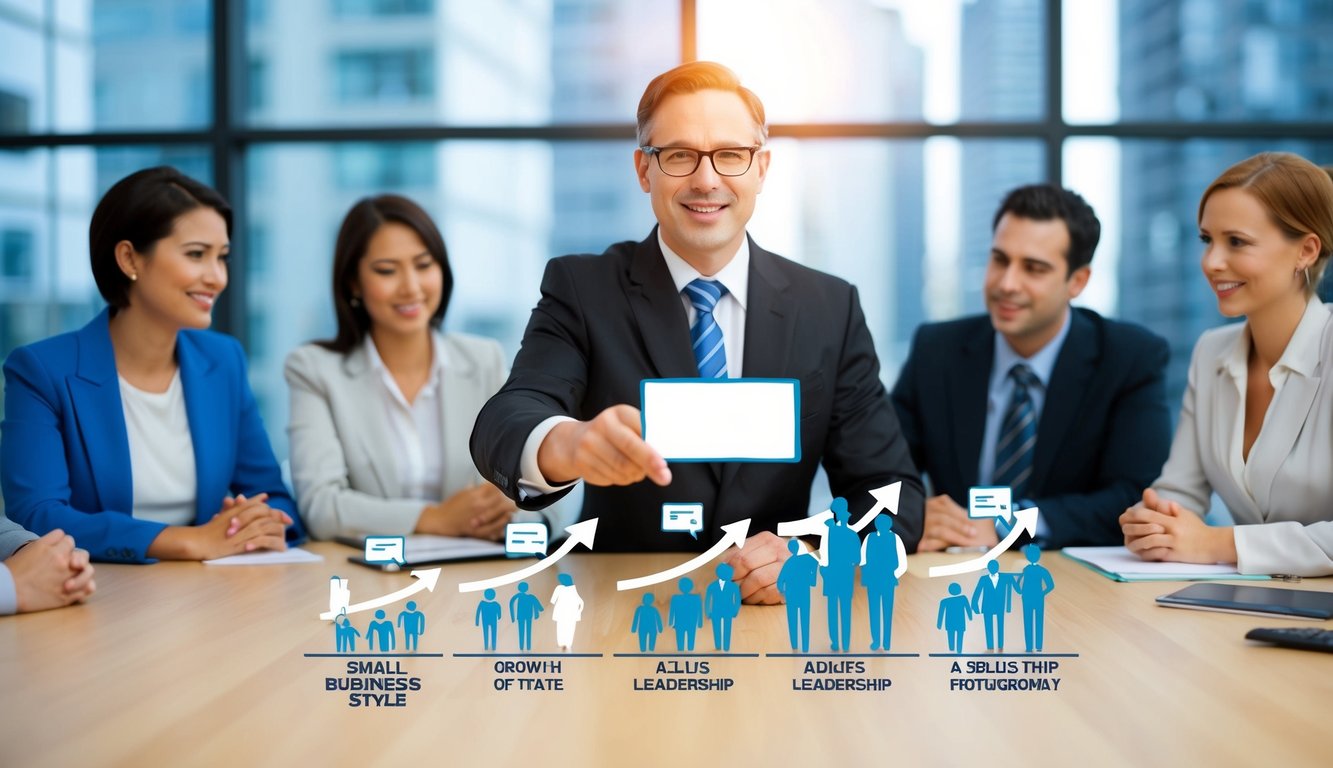 A small business owner guiding a team through different stages of growth, adjusting leadership style accordingly