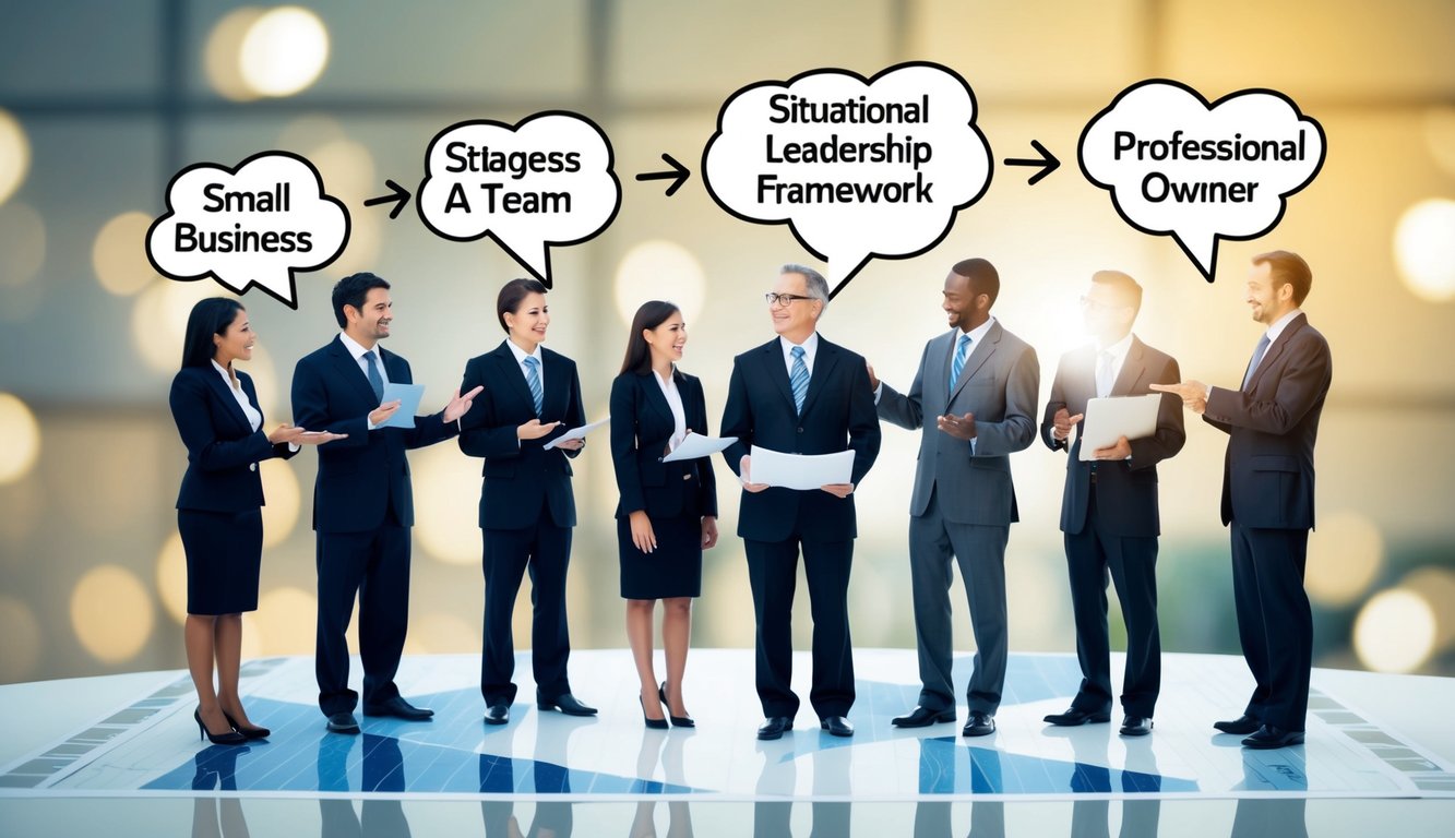 A small business owner guiding a team through different stages of growth, using Situational Leadership framework