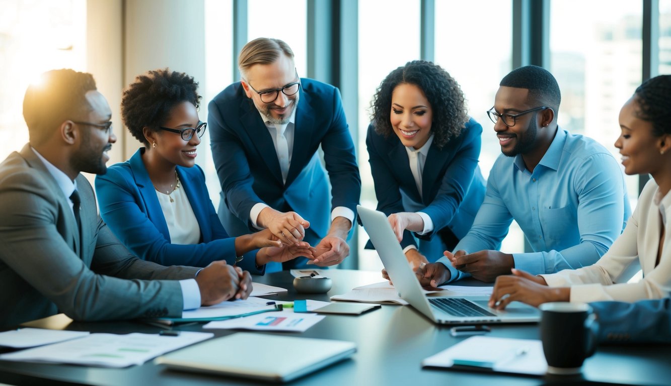 A group of diverse individuals working together, each contributing their unique skills and strengths to achieve a common goal in a dynamic and ever-changing business environment