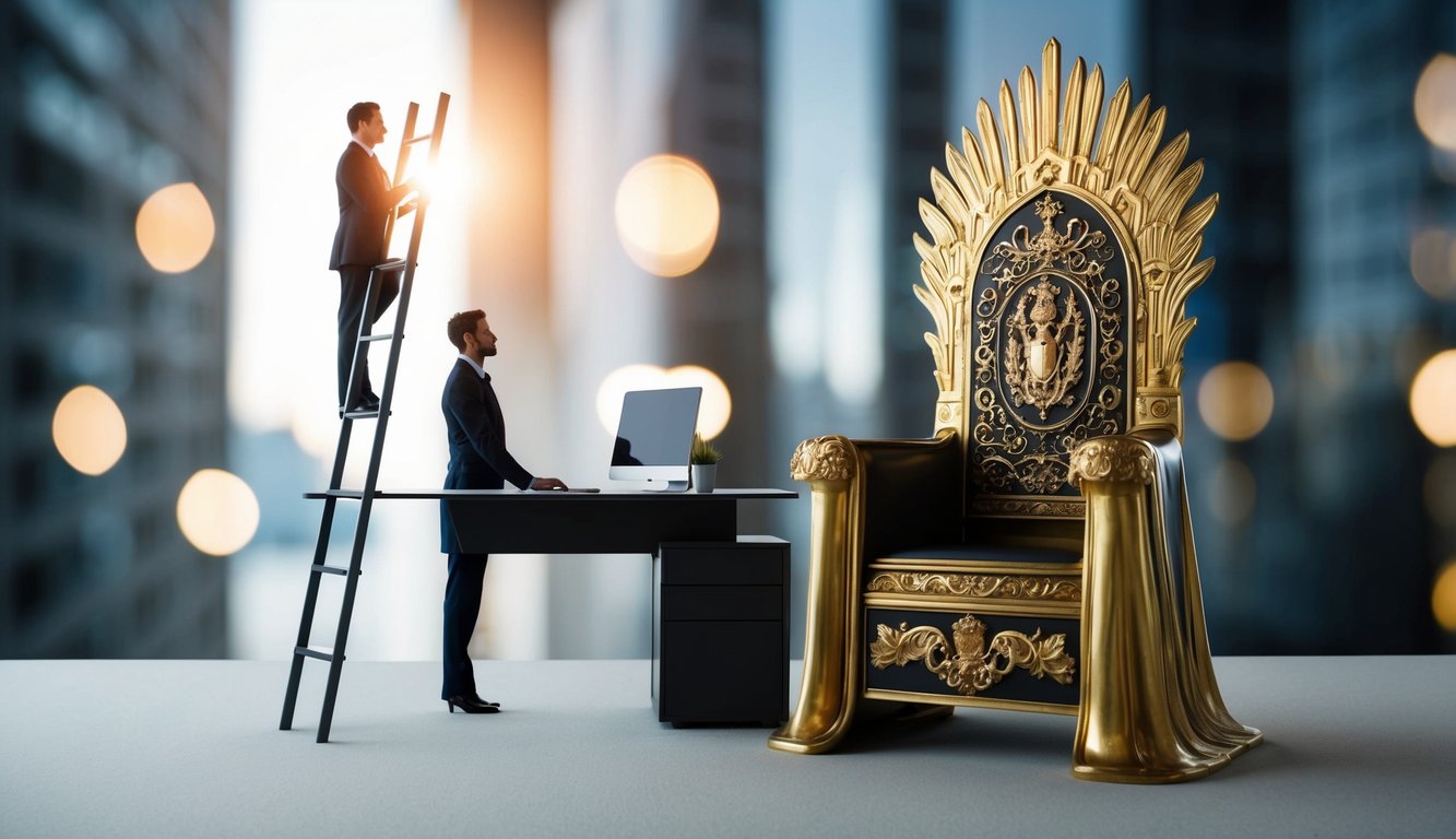 A ladder ascending from an office desk to a grand, ornate throne, symbolizing the transition from employee to empire