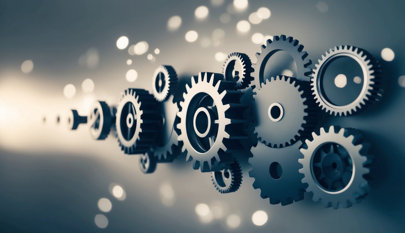 A series of interconnected gears and cogs, symbolizing the transition from employee to empire, with each gear representing a different core skill or key element