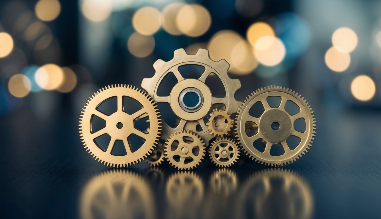 A group of interconnected gears and cogs symbolizing the transition from employee to empire, with each gear representing a different framework for change