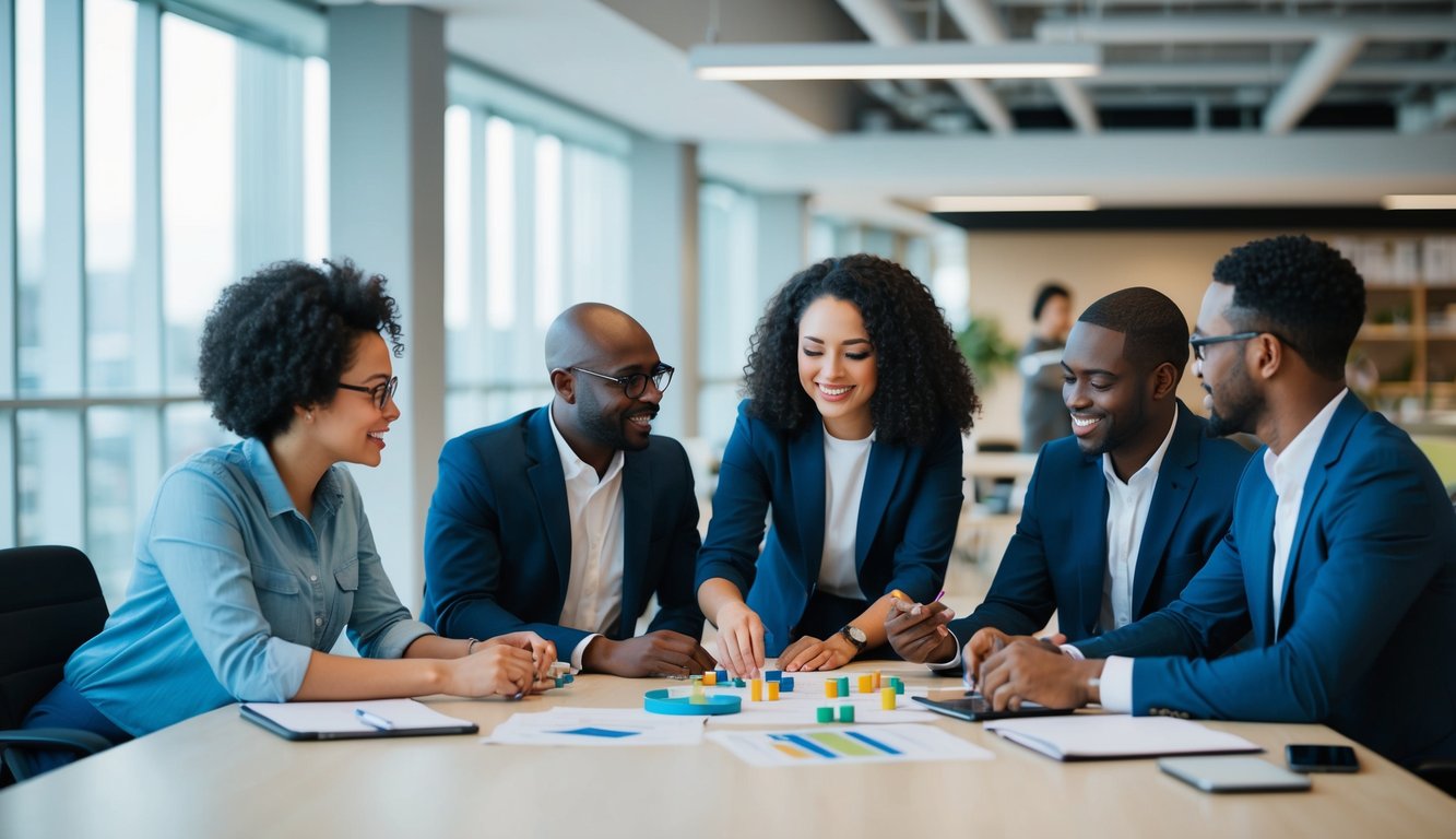 A group of diverse individuals engaged in collaborative problem-solving and professional development activities in a modern, open-concept office space