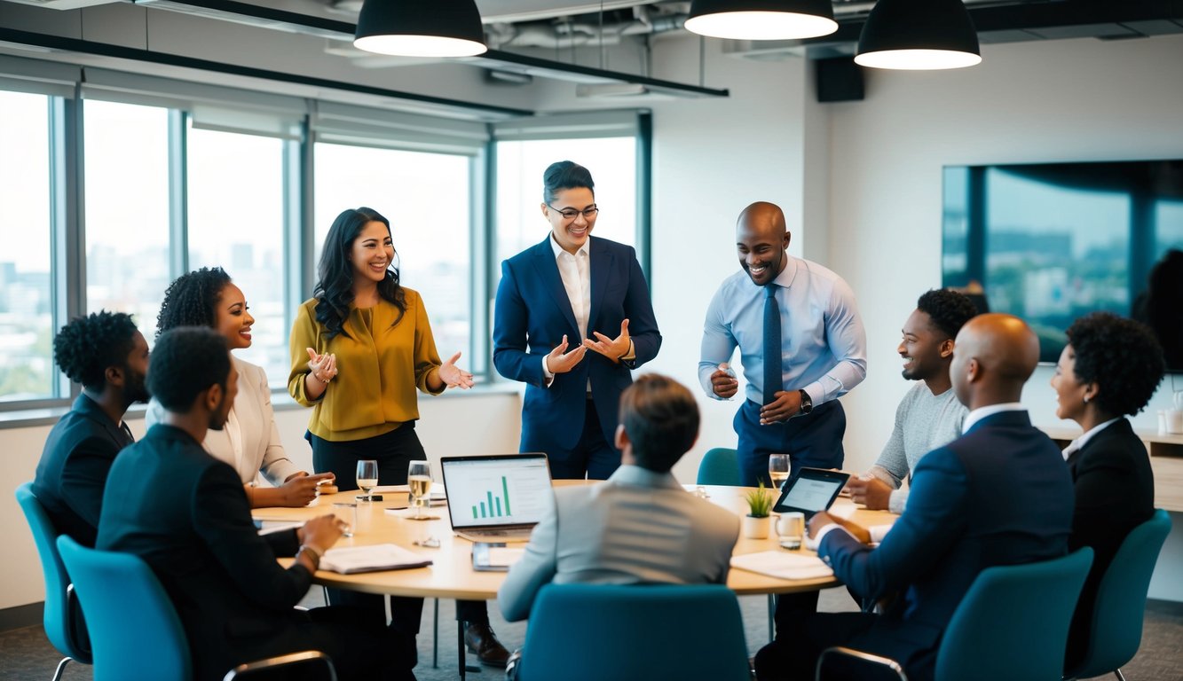 A group of diverse individuals engaged in interactive leadership training, exchanging ideas and collaborating in a dynamic and professional setting