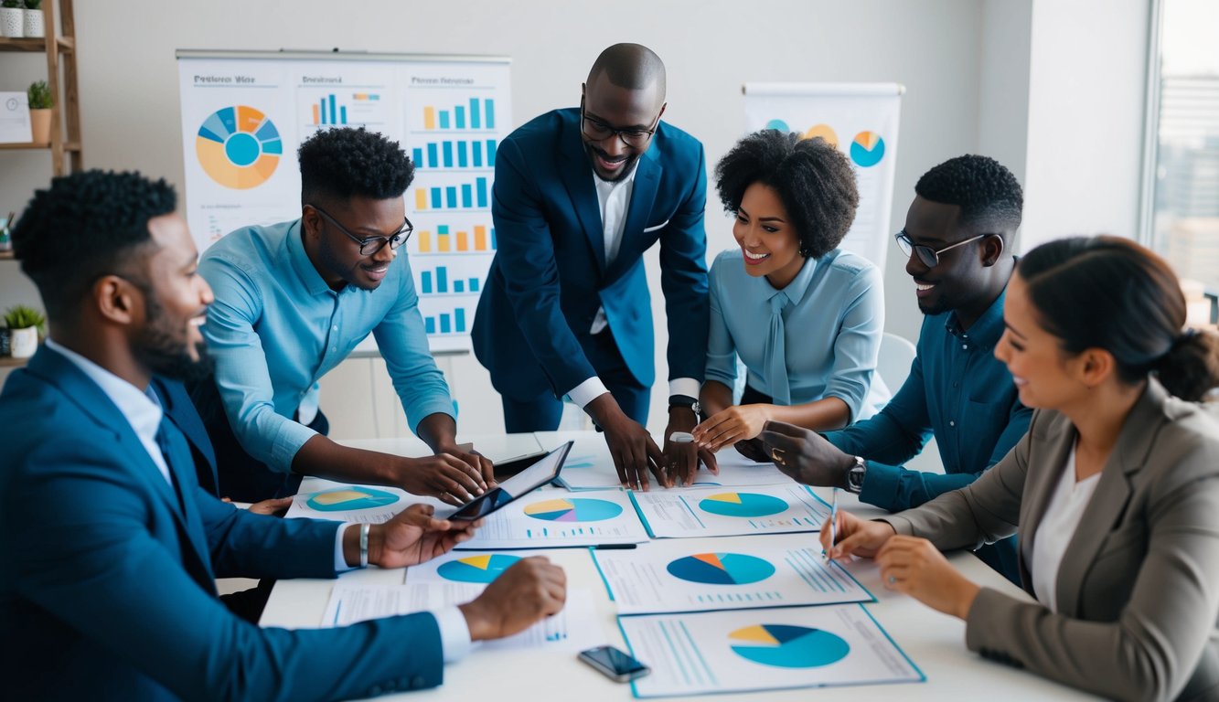 A group of diverse individuals engaged in collaborative activities, surrounded by charts and graphs, while a mentor provides guidance and support