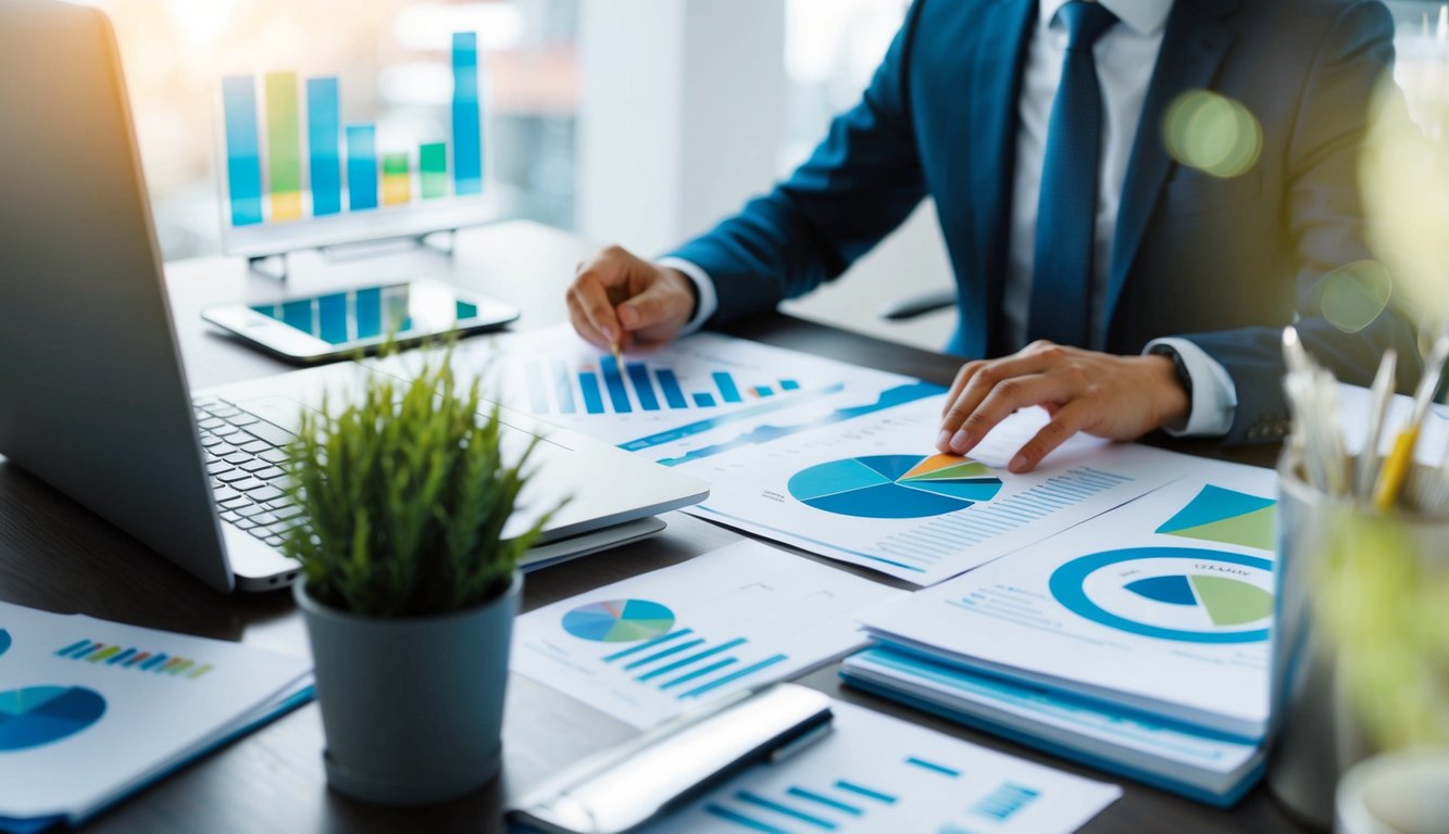 A person working at a desk, surrounded by charts, graphs, and sustainable business models