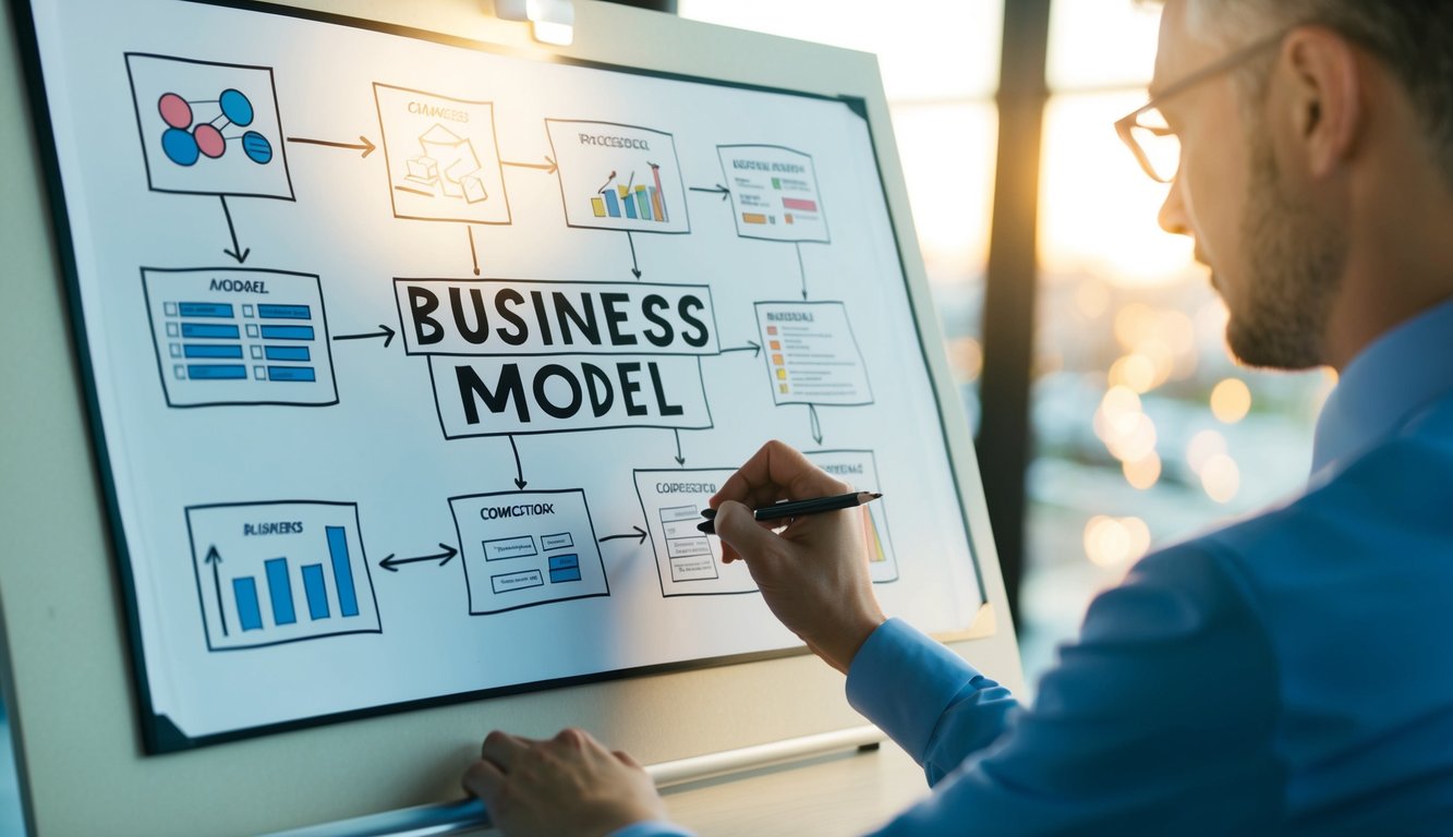A person mapping out a business model canvas with various elements and connections