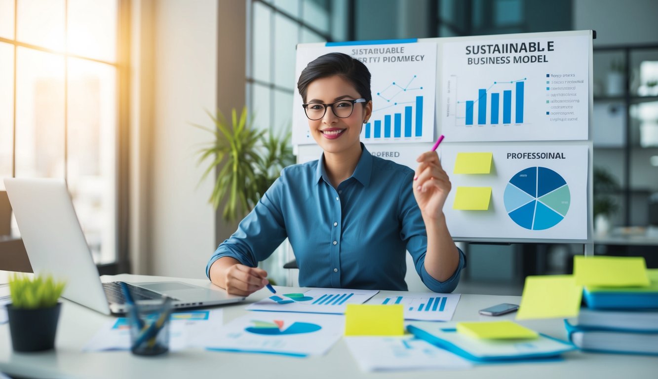 A person at a desk, surrounded by charts, graphs, and sticky notes, brainstorming and planning a sustainable business model canvas