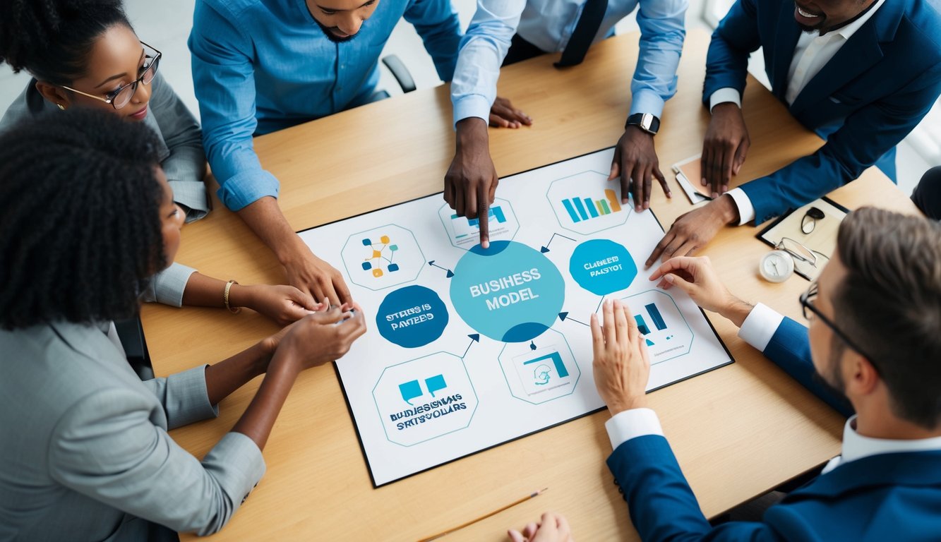 A group of diverse individuals collaborate around a business model canvas, engaging with strategic partners and stakeholders