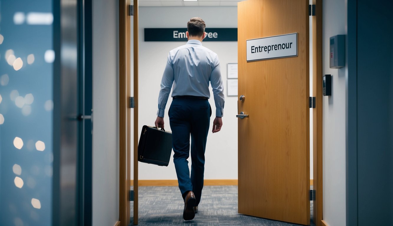 A person leaving an office with a briefcase, passing a sign that reads "Employee" and entering a door with a sign that reads "Entrepreneur."