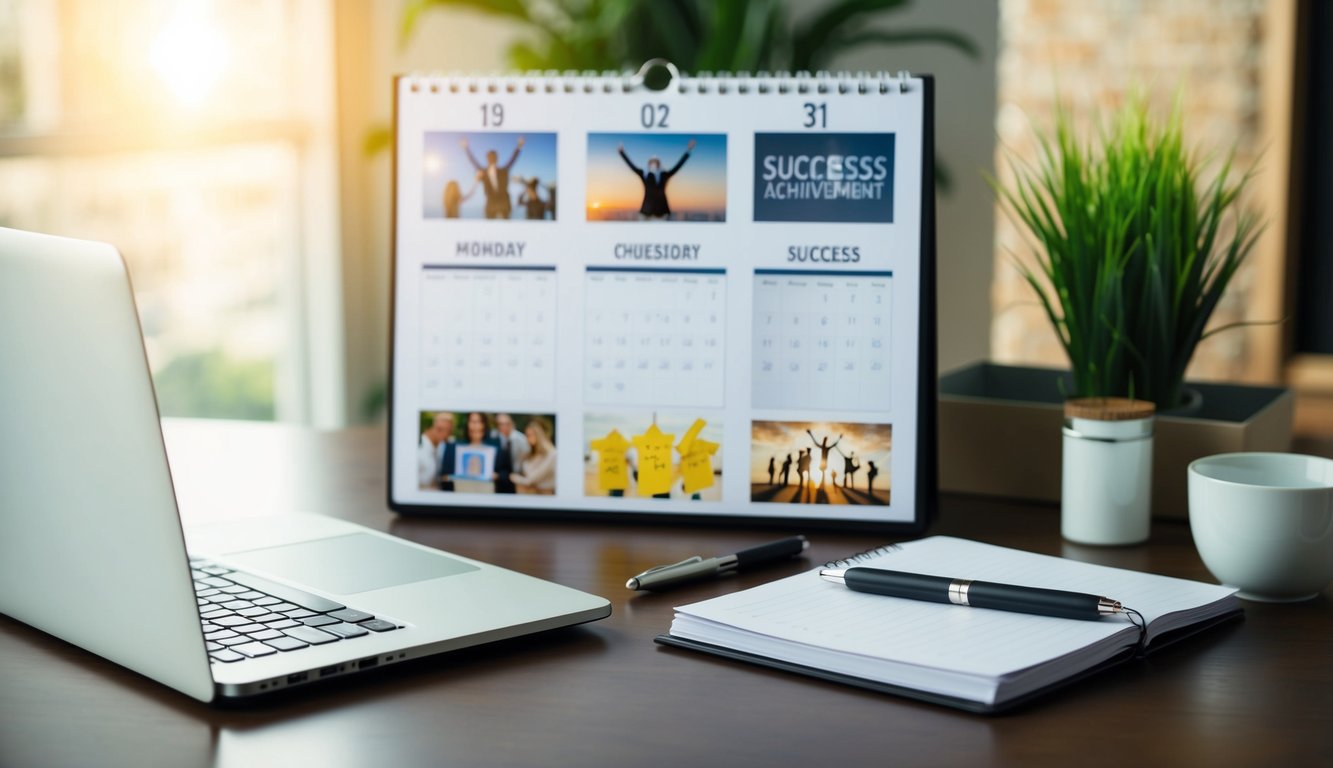 A desk with a laptop, notebook, and pen. A calendar with marked dates and a vision board with images of success and achievement