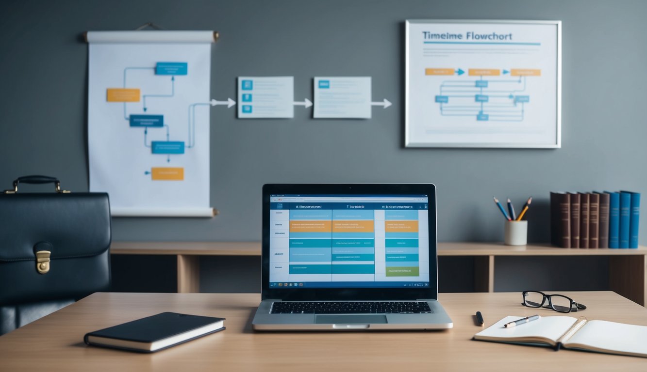 A desk with a laptop, notebook, and pen. A flowchart and timeline on the wall. A briefcase and business books on the shelf