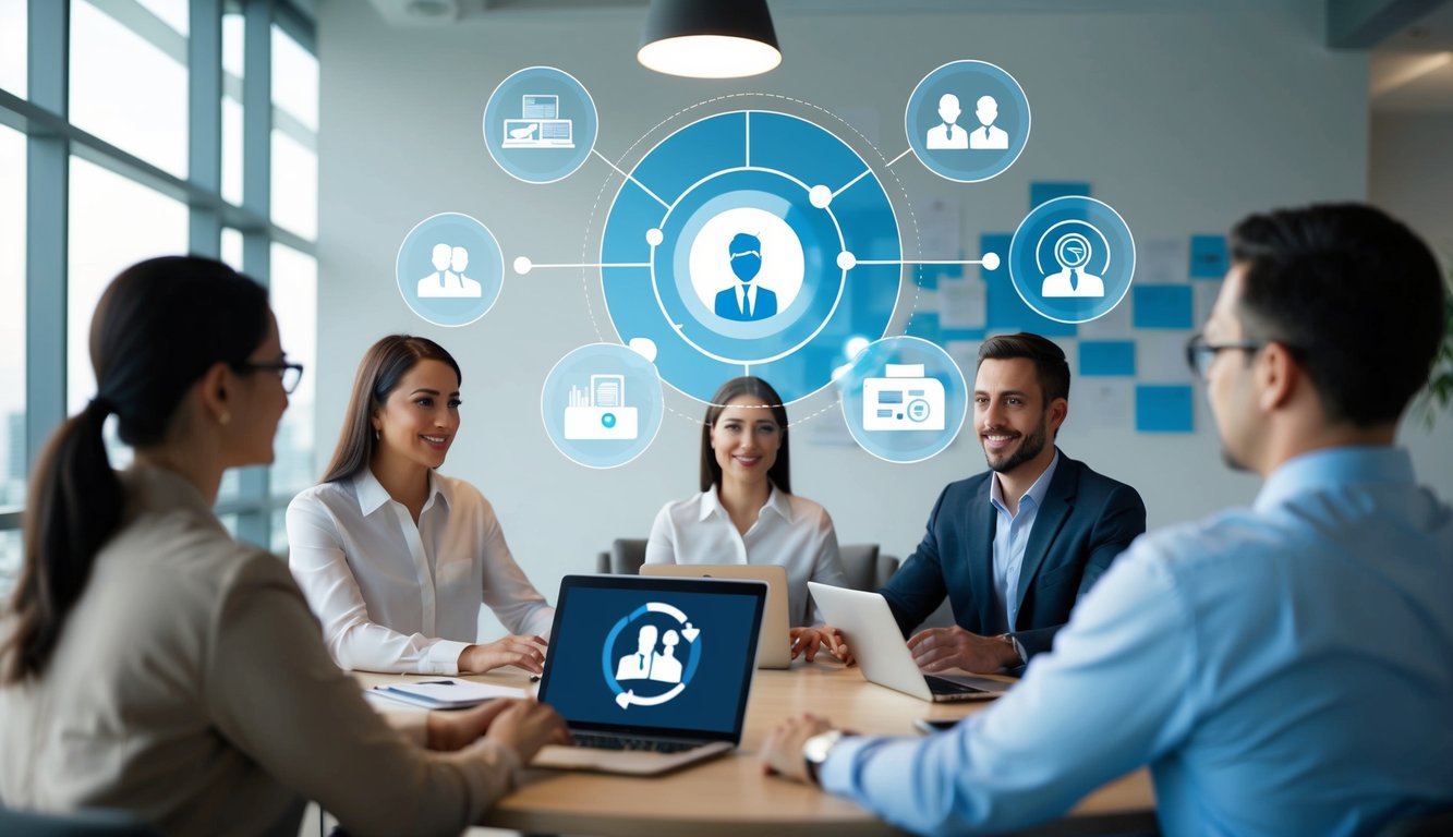 A virtual team leader directing and coordinating remote employees through digital platforms, with a focus on communication and collaboration