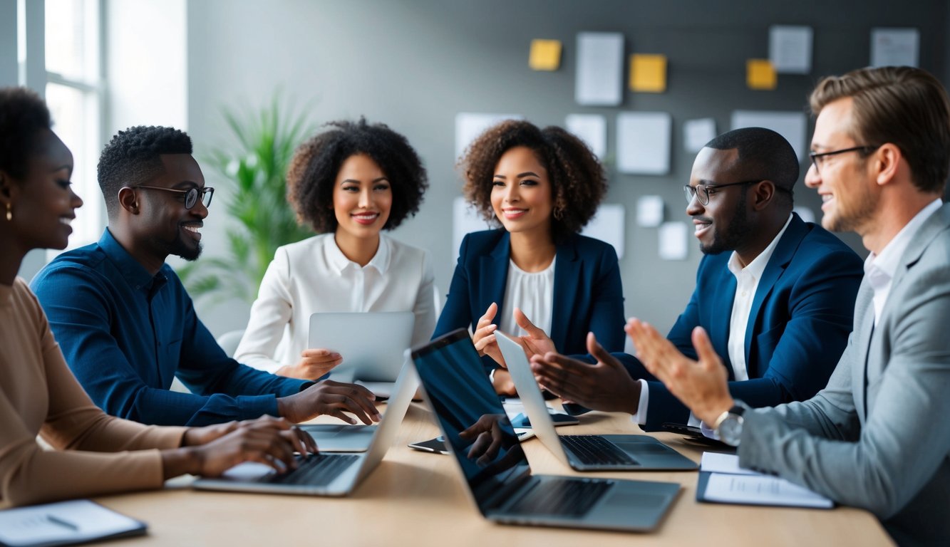A group of diverse virtual team members engage in a video conference, displaying trust and collaboration through their body language and facial expressions