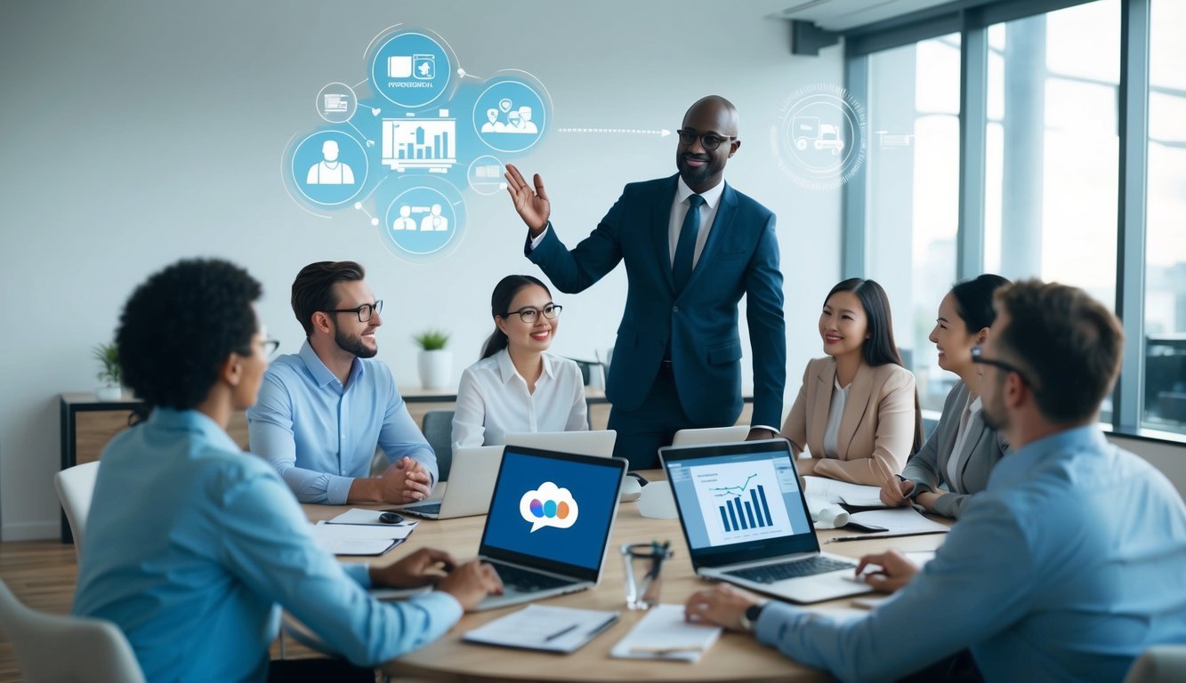 A virtual team leader confidently guiding their team through a successful project, utilizing technology and effective communication