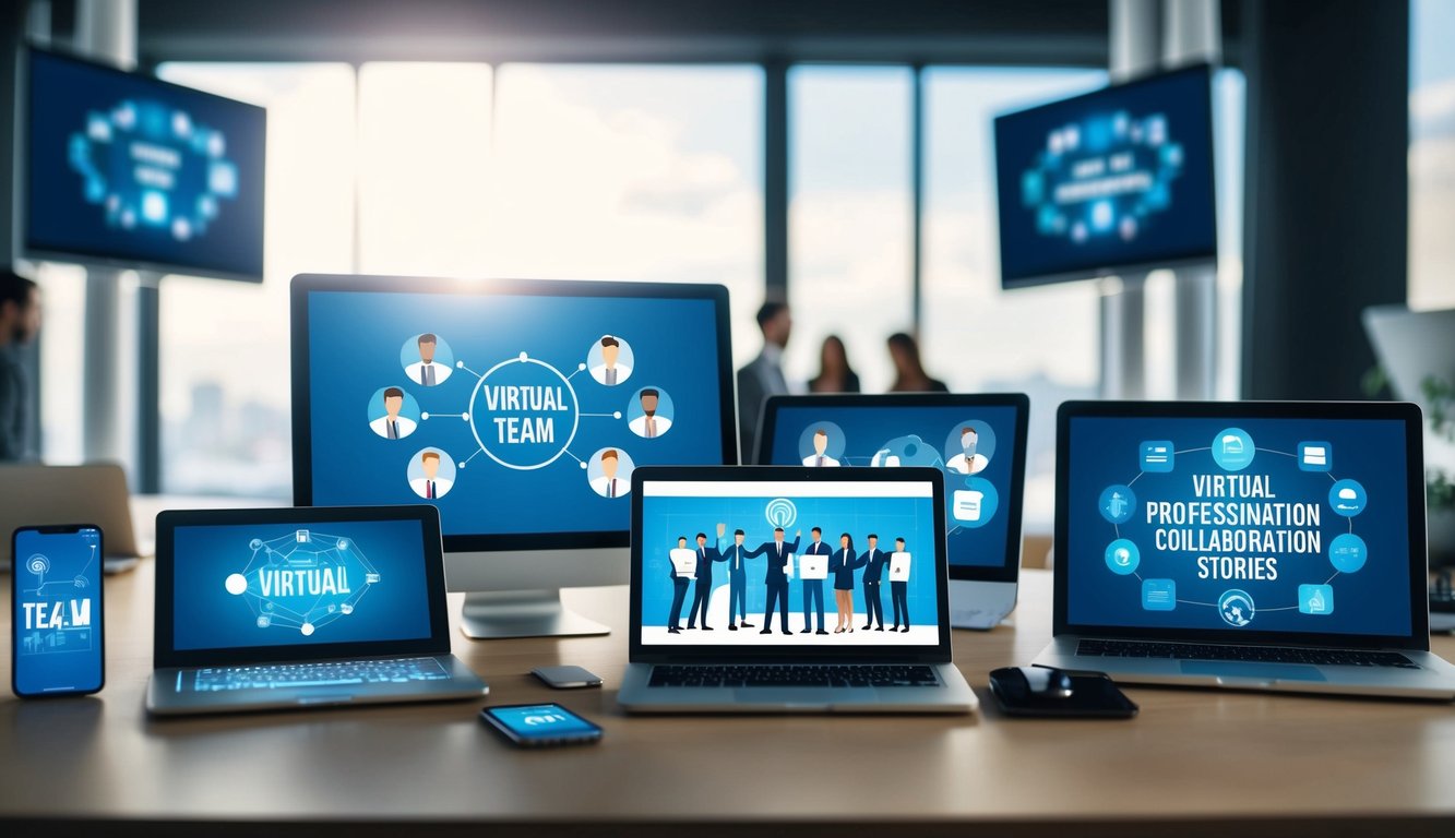 A group of interconnected electronic devices and screens displaying various virtual team collaboration tools and success stories