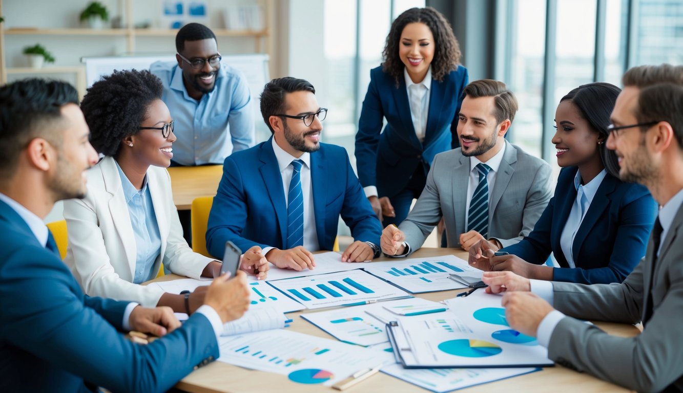 A group of diverse professionals sit around a table, engaged in a lively discussion. Charts and graphs are spread out, as everyone contributes to a collaborative business planning session