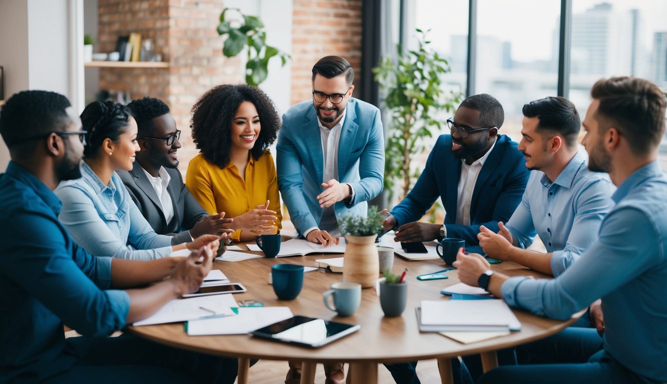 A group of diverse individuals gather around a table, engaged in a lively discussion, brainstorming ideas, and working together to create a collaborative vision for their business