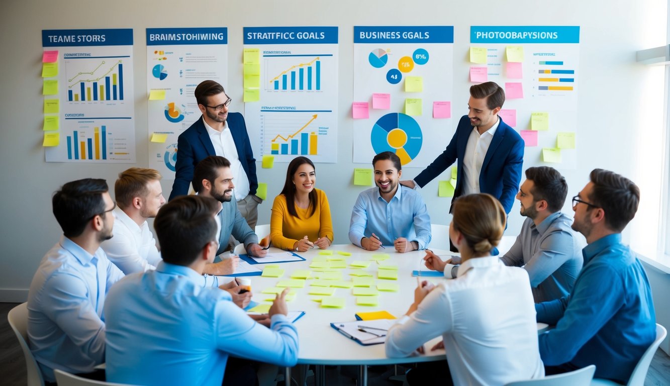 A group of people gathered around a table, brainstorming and collaborating on a strategic business plan. Charts, graphs, and sticky notes cover the walls, representing the team's goals and vision