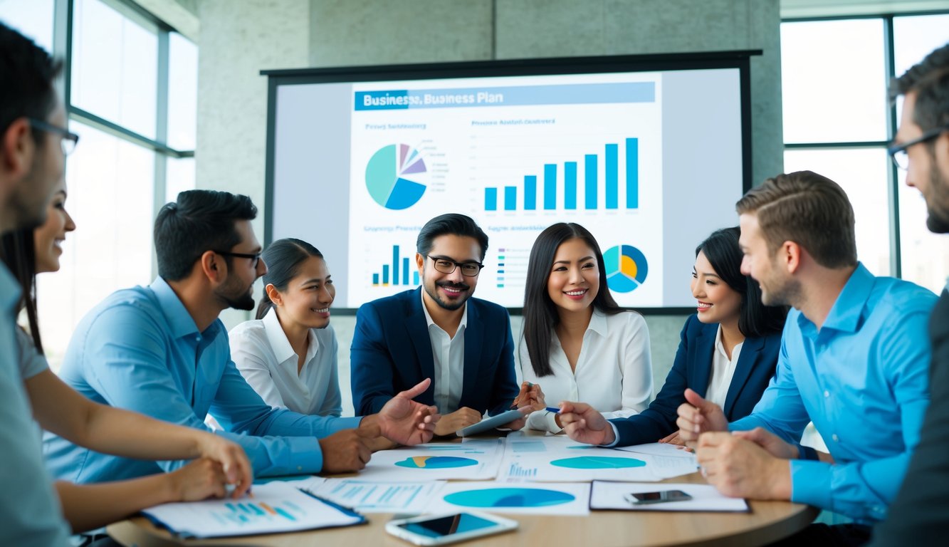 A group of individuals gathered around a table, brainstorming and collaborating on a business plan, with charts and graphs displayed on a large screen in the background