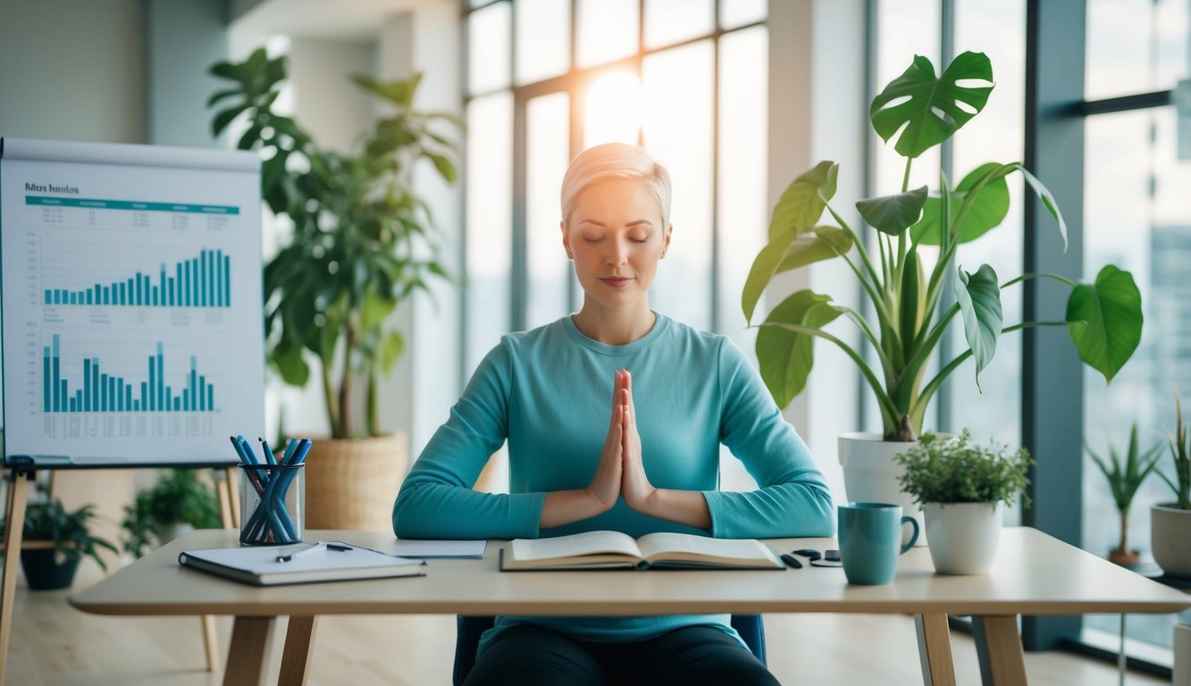 Mental Health-Conscious Approach to Business Finance: Balancing Profits and Well-being 1 A serene, open office space with plants, natural light, and calming colors. A person meditates at their desk, surrounded by financial charts and a mindfulness journal