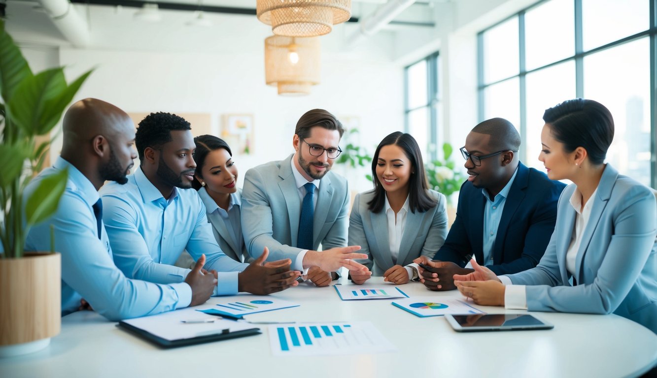 Mental Health-Conscious Approach to Business Finance: Balancing Profits and Well-being 2 A group of diverse professionals discussing financial strategies in a bright, open office space with calming decor and natural elements