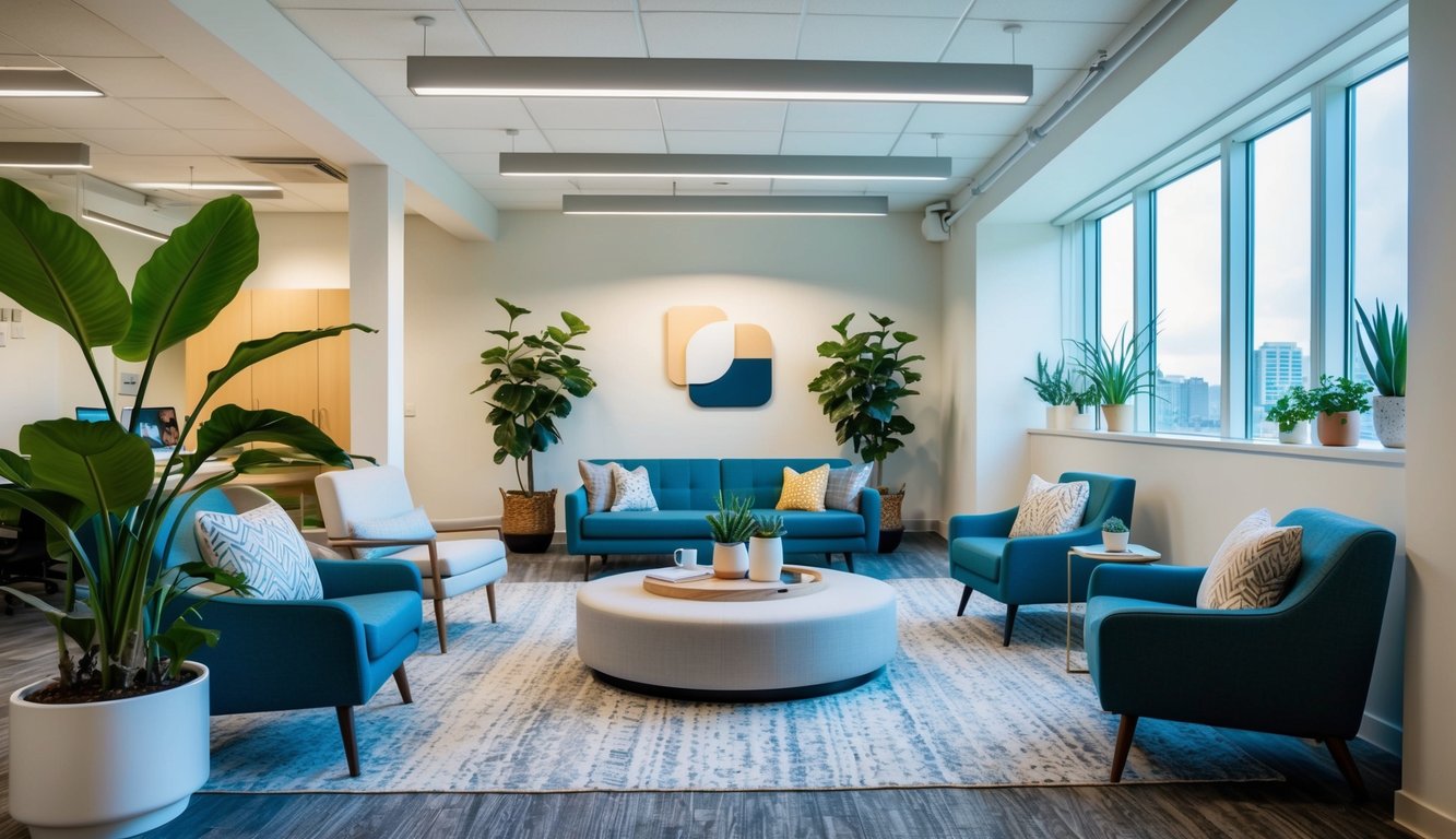 Mental Health-Conscious Approach to Business Finance: Balancing Profits and Well-being 3 A bright, open office space with natural light, plants, and comfortable seating. A wellness room with calming decor and resources for mental health support