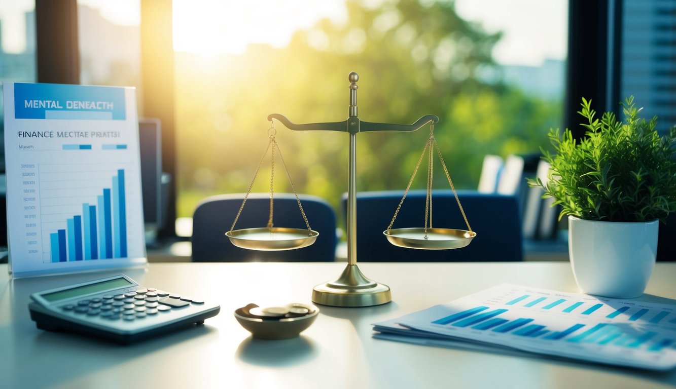 Mental Health-Conscious Approach to Business Finance: Balancing Profits and Well-being 4 A serene office setting with a balance scale symbolizing mental health, surrounded by financial charts and a calming color scheme