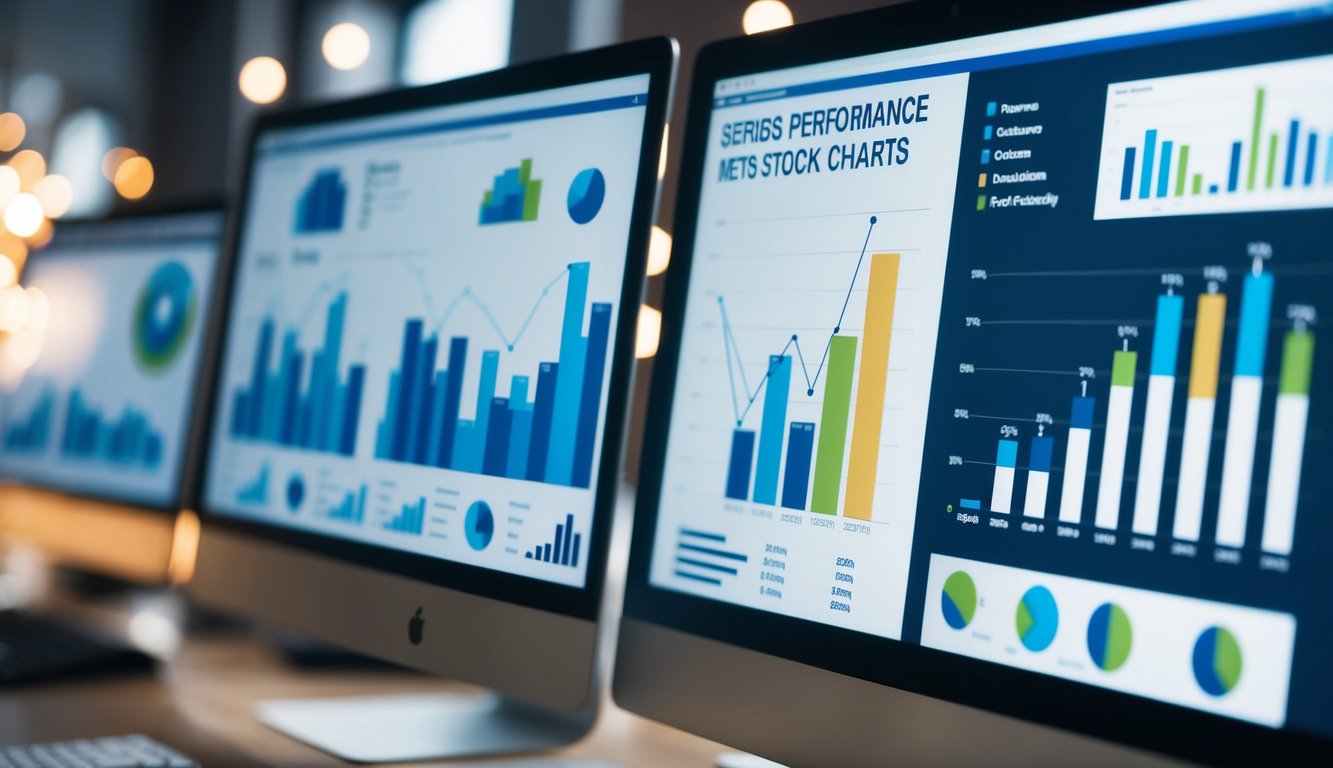 A series of line graphs and bar charts showing various performance metrics, such as revenue, customer satisfaction, and productivity, displayed on a computer screen