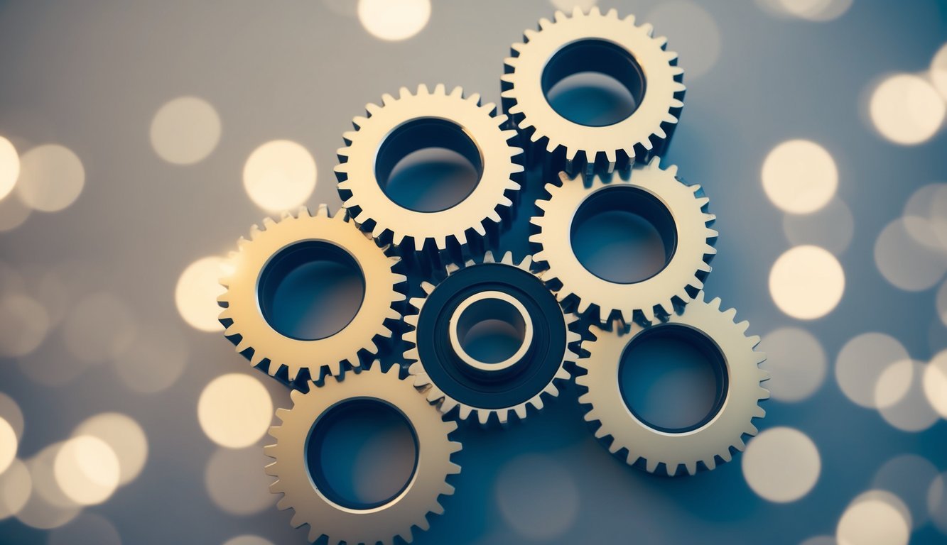 A group of interconnected gears turning smoothly, symbolizing the efficient and productive collaboration of a team