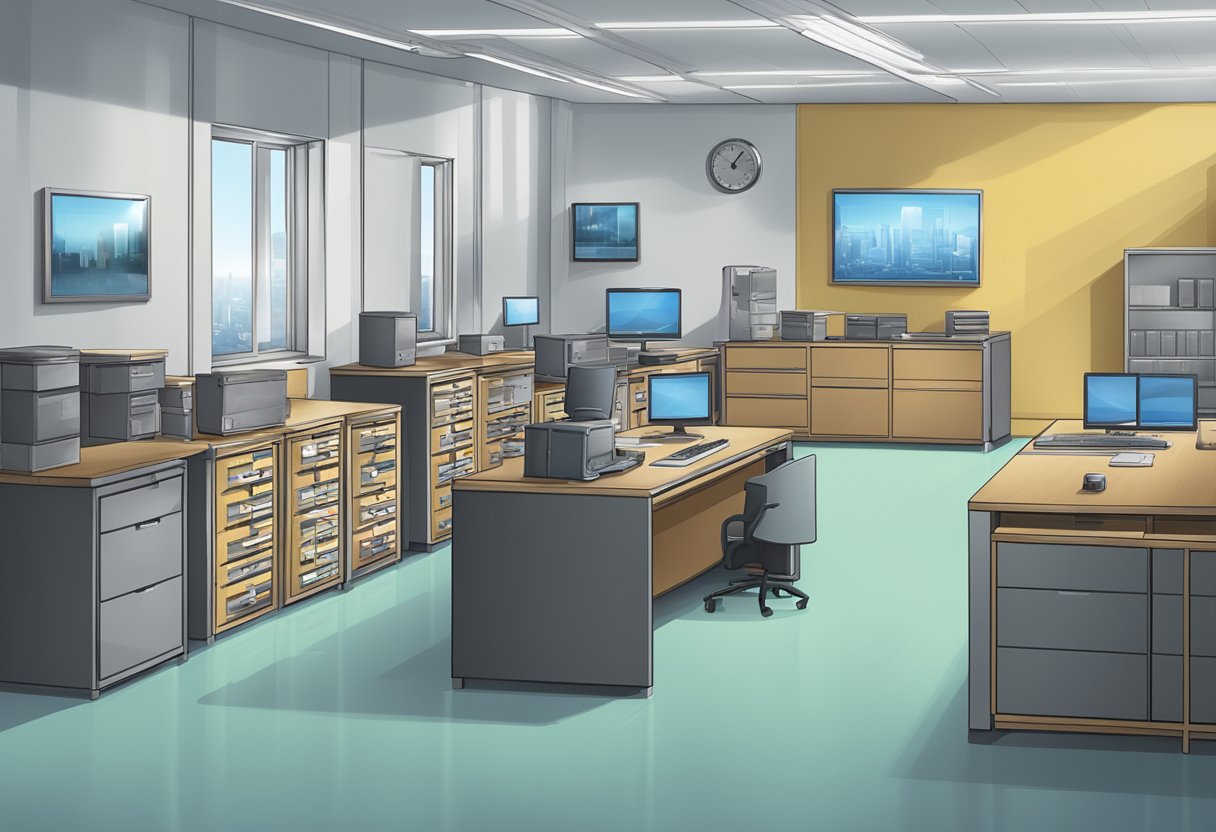 A secure and discrete architectural outsourcing scene, with locked filing cabinets, encrypted computers, and a surveillance camera