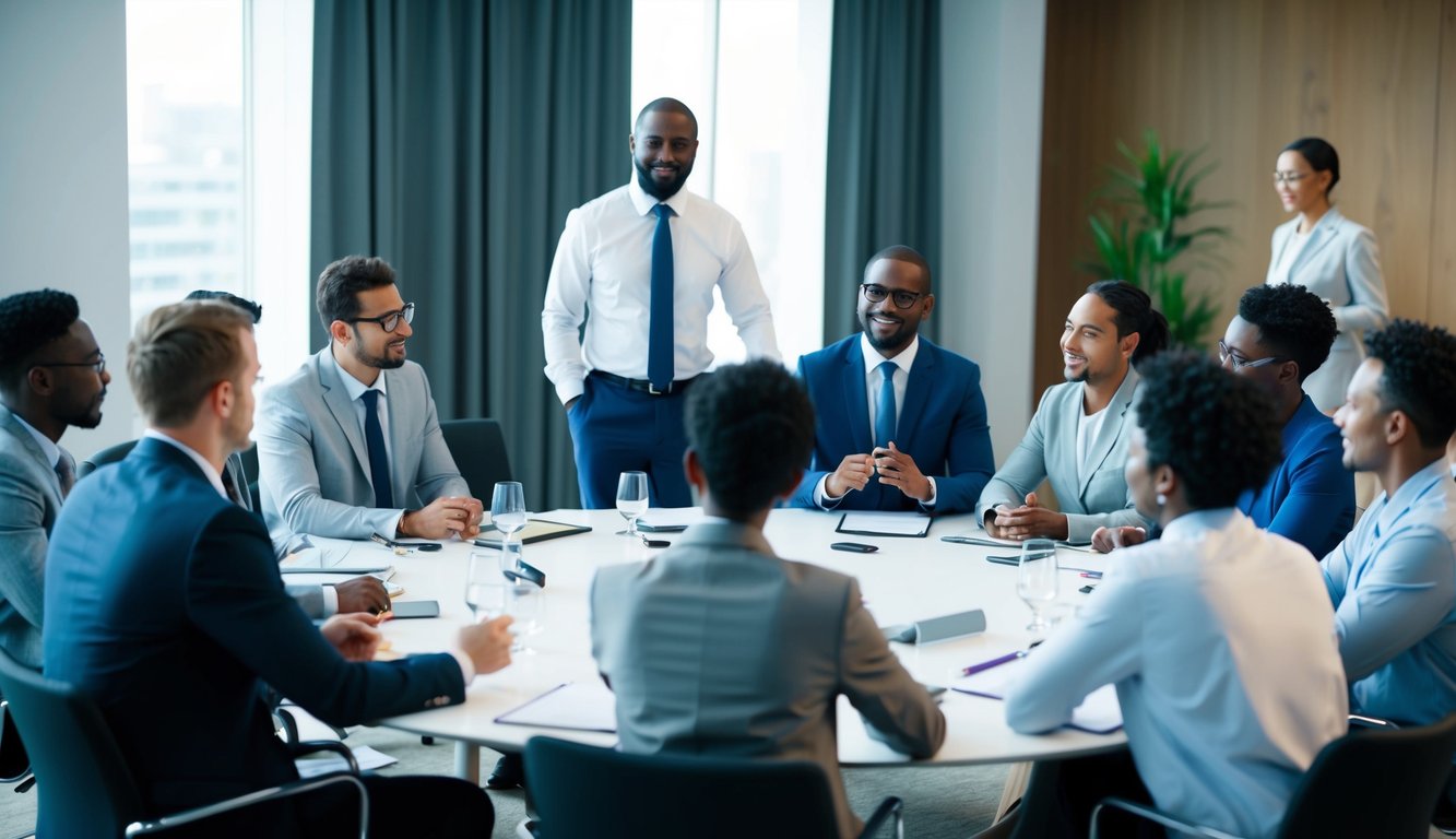 A group of diverse professionals gather around a conference table, engaging in open dialogue and collaboration. An individual stands at the front, confidently leading the discussion