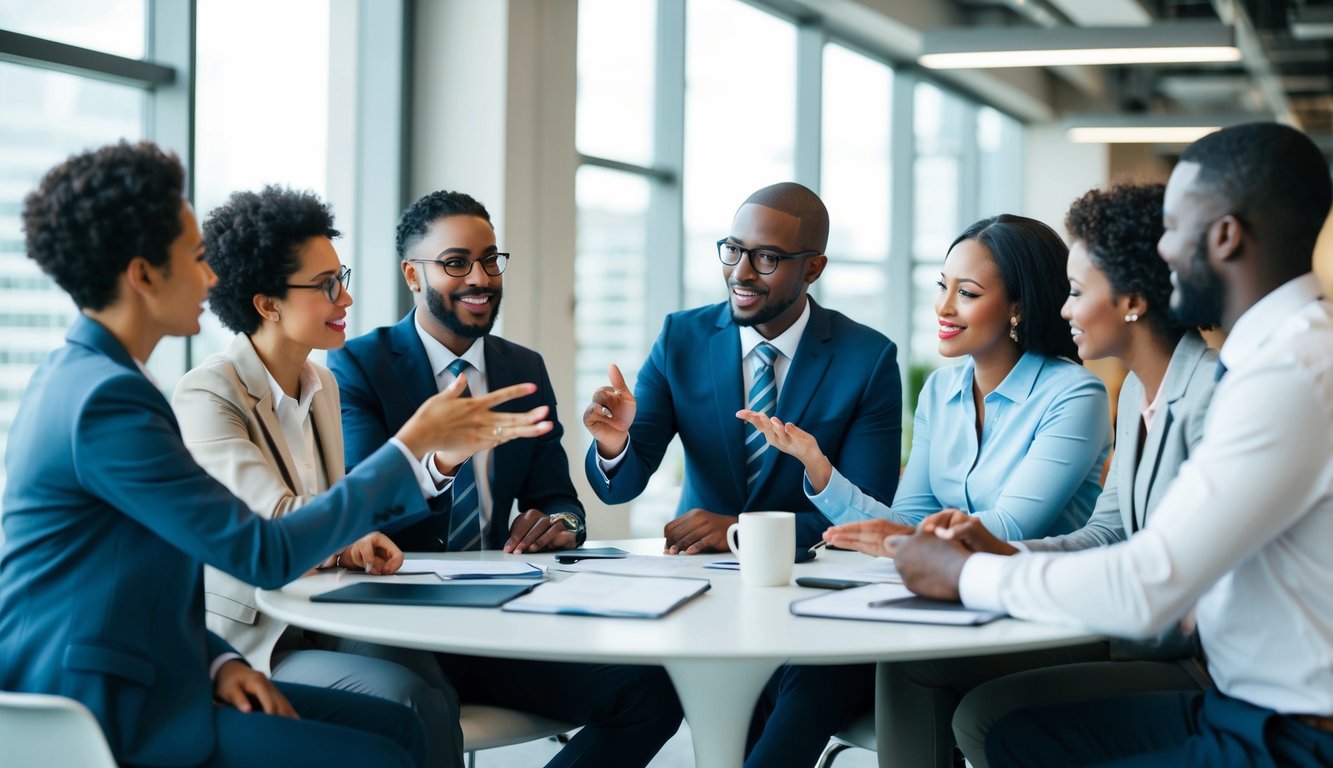 A group of diverse professionals engage in a lively discussion, gesturing and exchanging ideas in a modern office setting