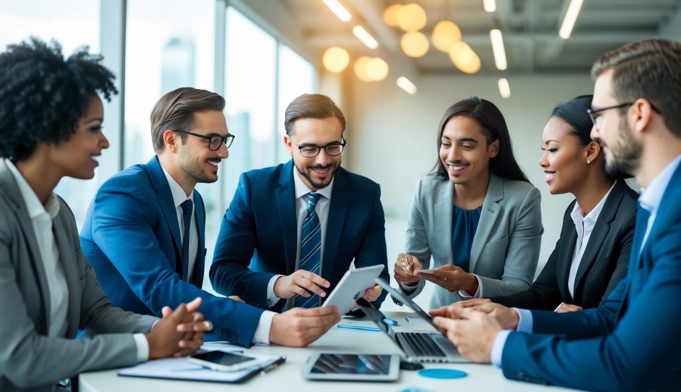 A group of individuals engaged in a dynamic exchange of ideas and information, utilizing various communication tools and techniques in a professional setting